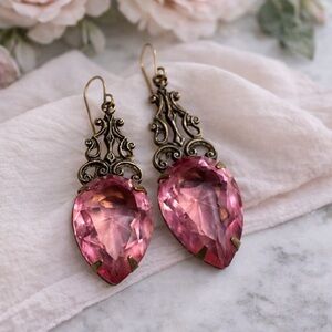 Sadie Green Pink Crystal Filigree Drop Earrings | Vintage Victorian Style